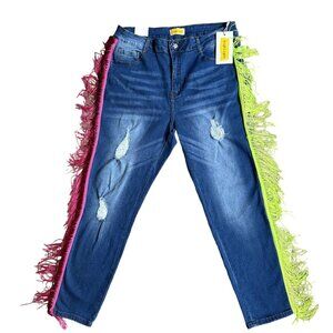 2/$18 SALE! Vtg New Womens Distressed Blue Jeans Neon Fringe Western Cowboy